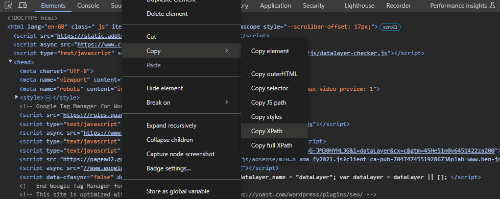 Copying meta title XPath in Chrome Developer Tools